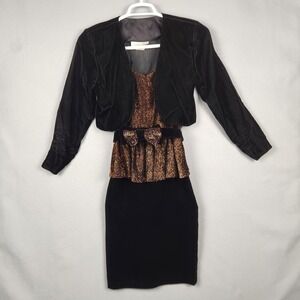 Vintage Hearts Dress Womens Small 3/4 Black Peplum Velvet 2 Piece Made USA 80s